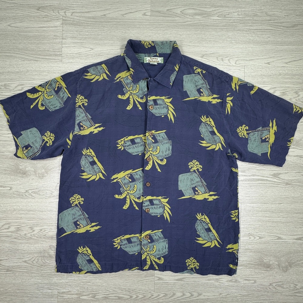 Tommy‎ Bahama Mens Shirt Silk Camp Tropical Hut Palm Tree Navy Blue Large